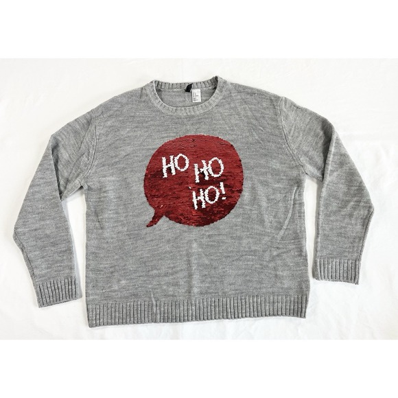 H&M "Ho Ho Ho" "No No No" Reversible Sequin Funny Christmas Sweater Women's M - Picture 1 of 10